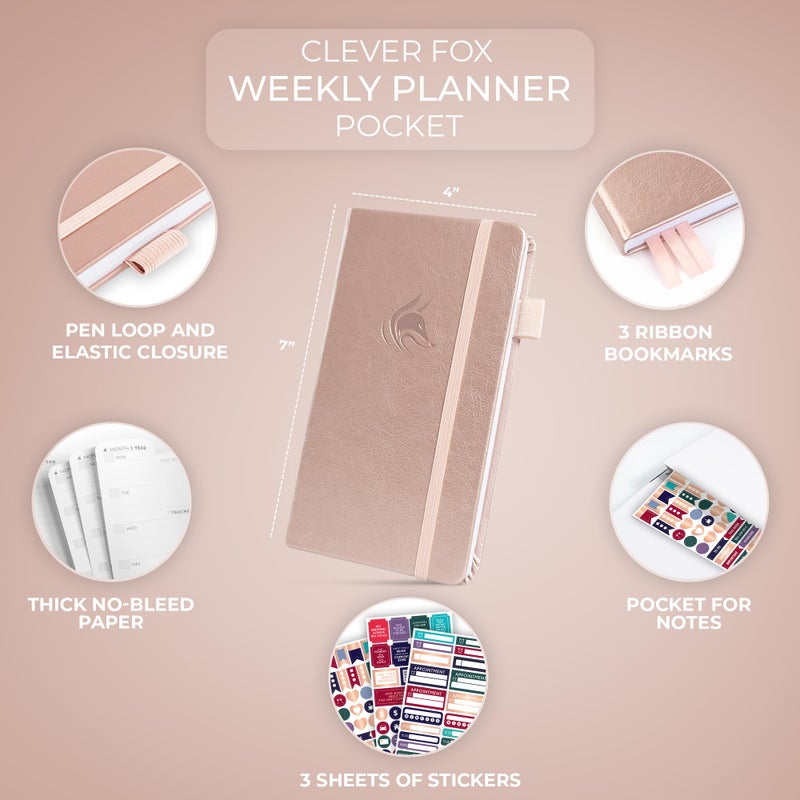 Clever Fox Pocket Planner Weekly â€“ Undated Monthly Goal Planner and Calendar, Mini Planner Perfect for Purse, 3.7x6.7" (Rose Gold) - Image 2